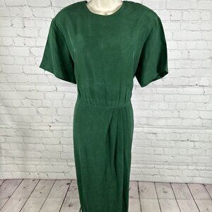 VTG Papell Too 100% Silk Green Short Sleeve Shoulder Pad Back Buttons Dress 12